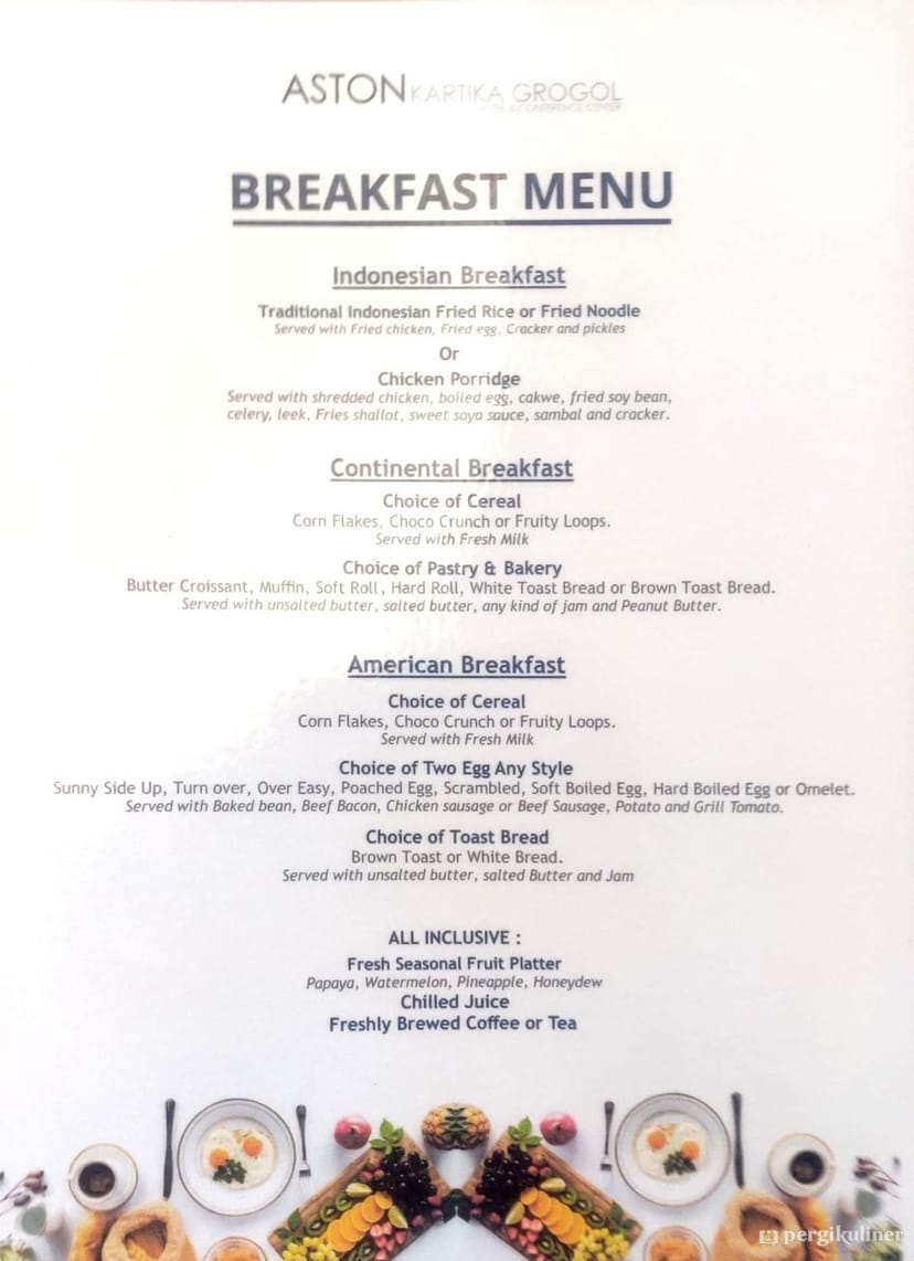 Breakfast menu at Aston Kartika Grogol Hotel catering event with custom egg options.
