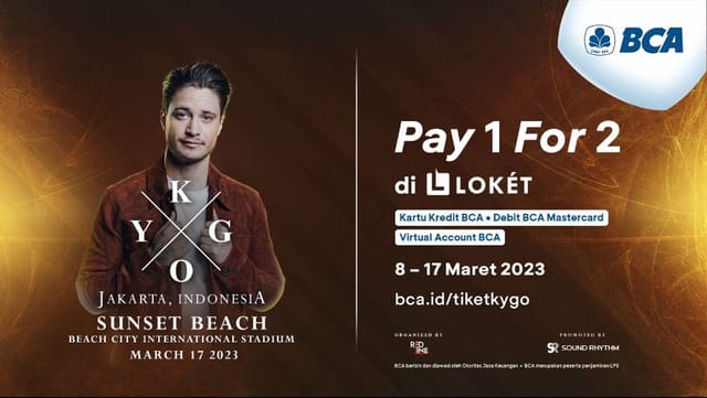Kygo concert promotional graphic at Sunset Beach featuring BCA ticket offer.