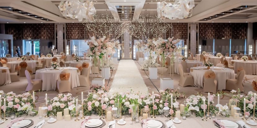 Luxury AYANA Midplaza ballroom with floral decor for gala or wedding events.