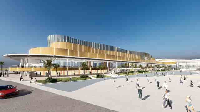 NICE semi-outdoor exhibition venue, modern multi-level design for corporate events and conferences.