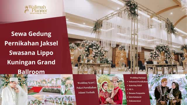 Lippo Kuningan Grand Ballroom wedding venue with ornate floral stage, Jakarta event space.