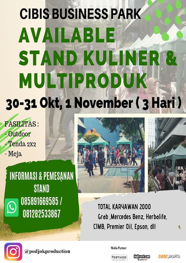 Outdoor pop-up market at CIBIS Business Park featuring exhibitor tents and vendor booth space.