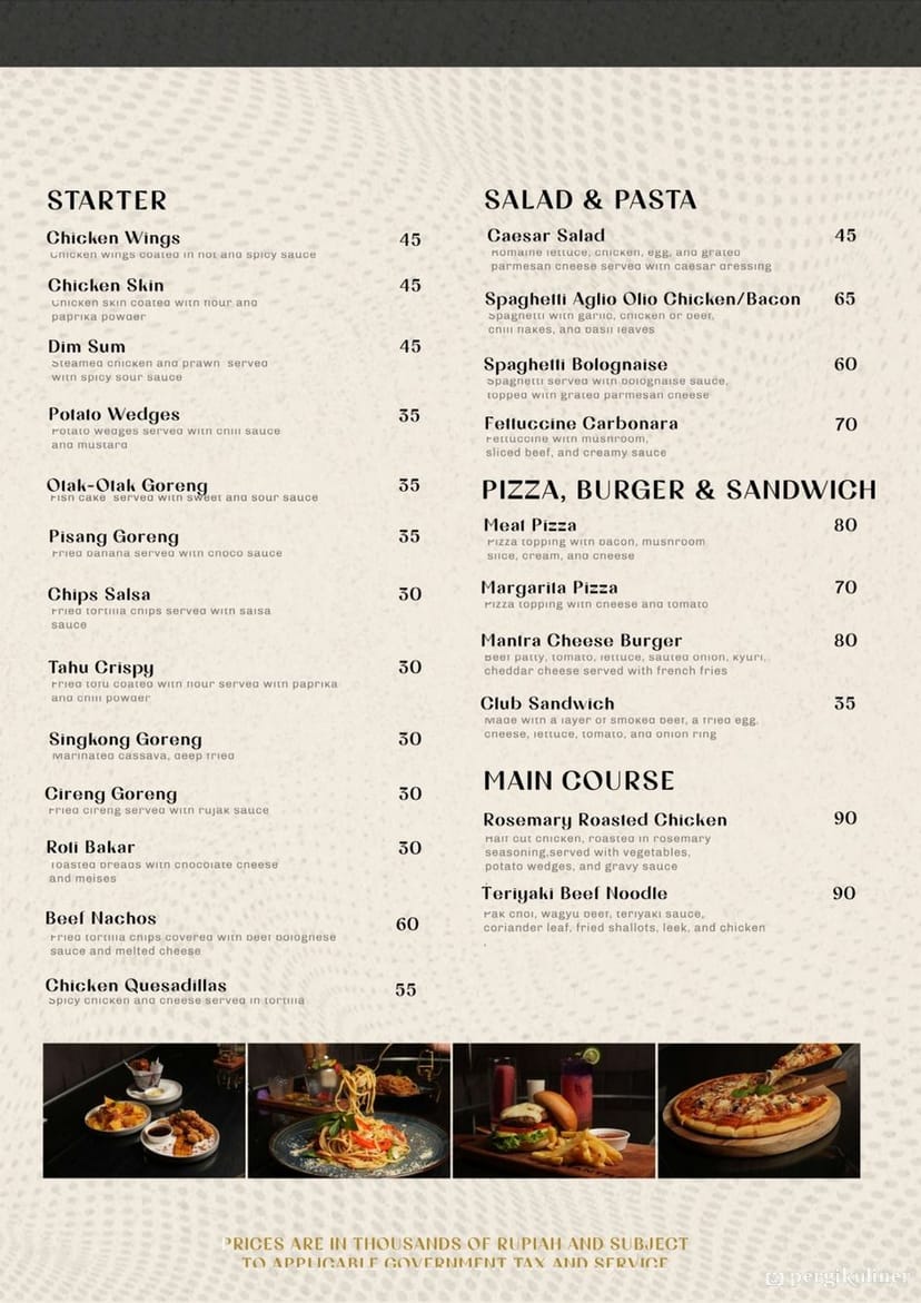 Menu Mantra Lounge, Gandaria