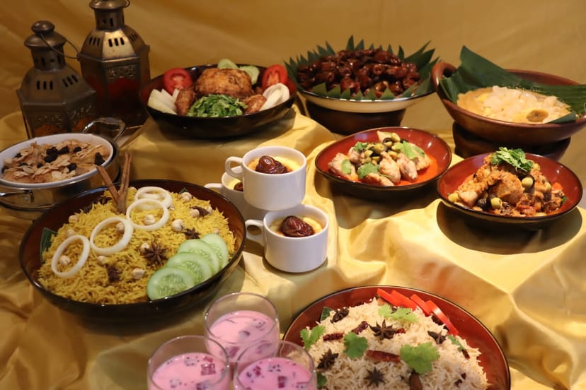 Buffet display with thematic lanterns at Kalandara Restaurant for corporate events or weddings.