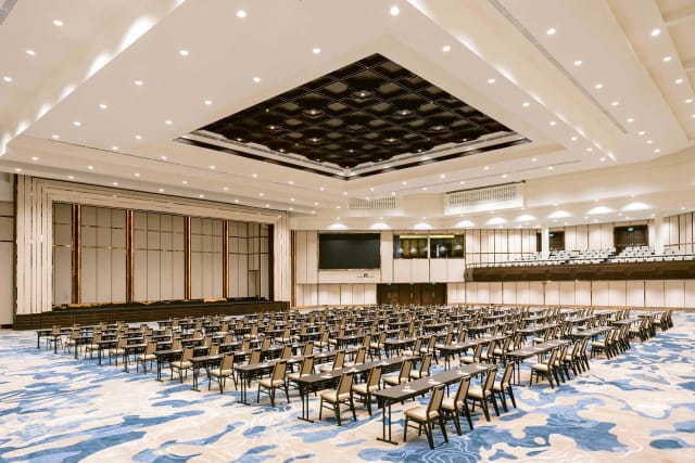 Grand ballroom classroom setup at Bali International Convention Centre for corporate conferences.