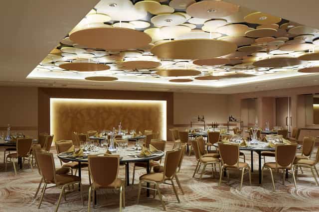 Tokyo Bay Tokyu Hotel banquet hall with illuminated ceiling for corporate events and galas.
