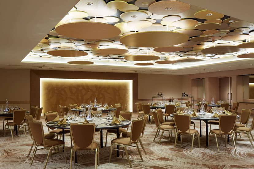 Hilton Tokyo Bay banquet hall with acoustic ceiling for corporate luncheons and networking events.