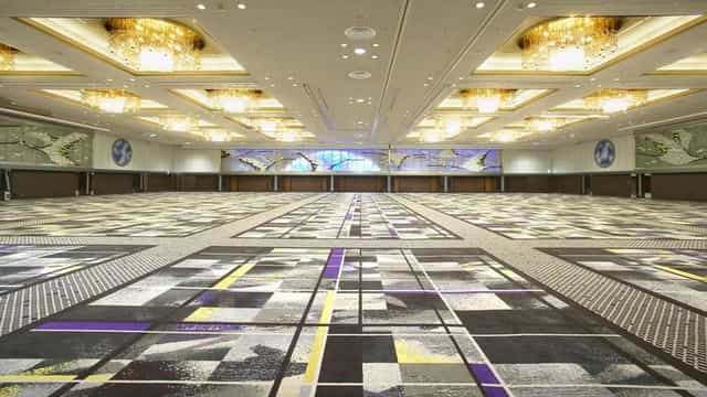 Tsuru ballroom at Hotel New Otani Tokyo with chandeliers, ideal for conferences and gala events.