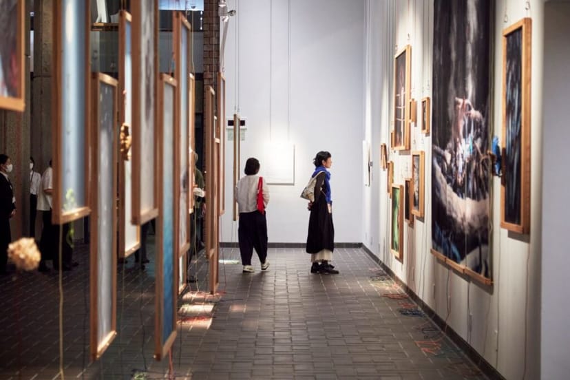 Tokyo Metropolitan Art Museum gallery exhibition with suspended displays for art showcase.