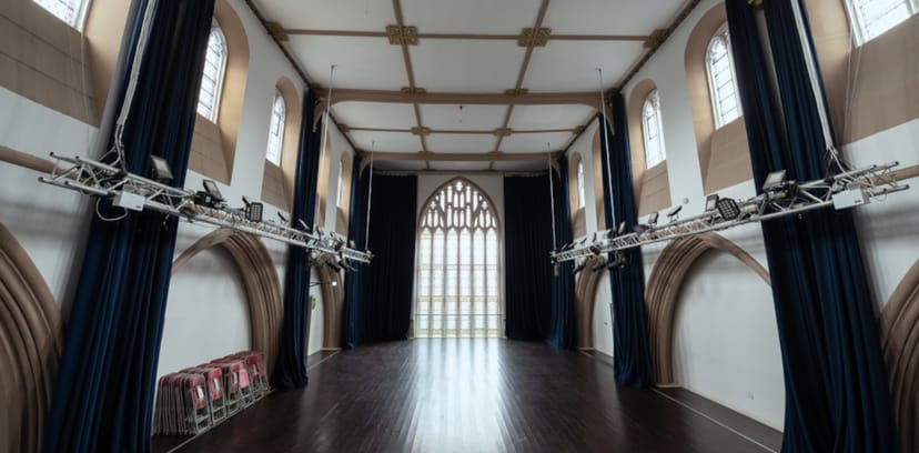 Fyfe Hall, Trinity Art Centre: Gothic venue with professional rigging for immersive events.