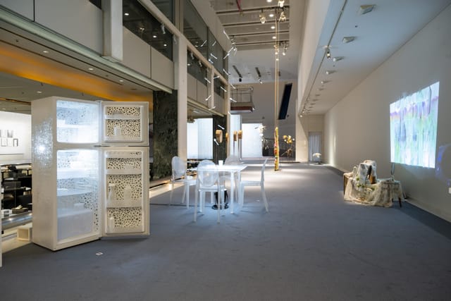 Avant-garde gallery exhibition space for immersive networking mixer and boutique pop-up event.
