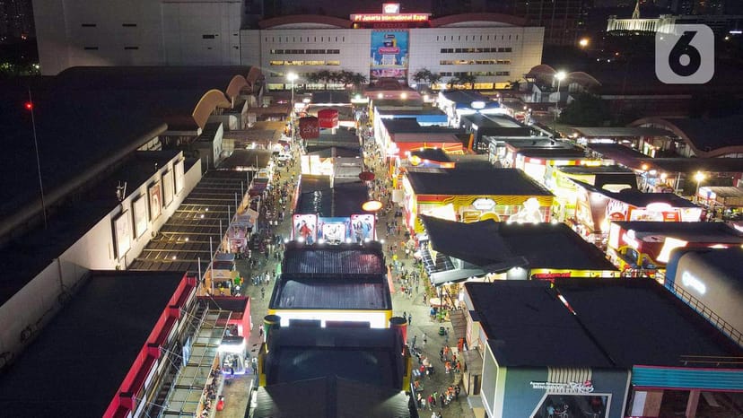 Jakarta Fair exhibition halls with night lighting, ideal for consumer festivals and event planning.