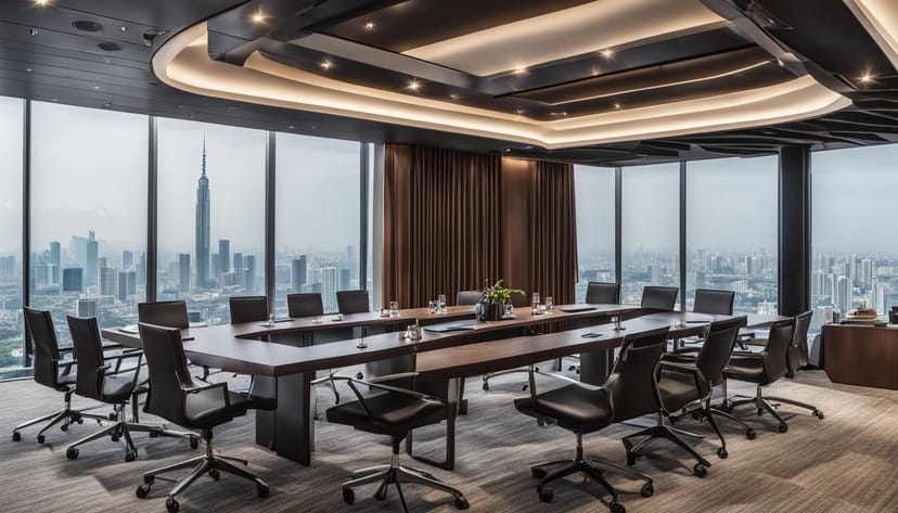 Executive boardroom in Jakarta with skyline view for corporate meetings and business conferences.
