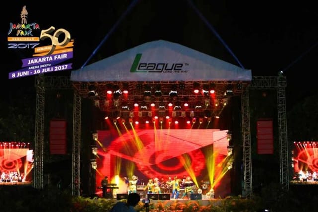 Gambir Expo Jakarta Fair outdoor stage with professional LED lighting for music festivals.