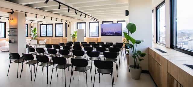 Westend Tower meeting room with theater seating for corporate workshops and breakout sessions.