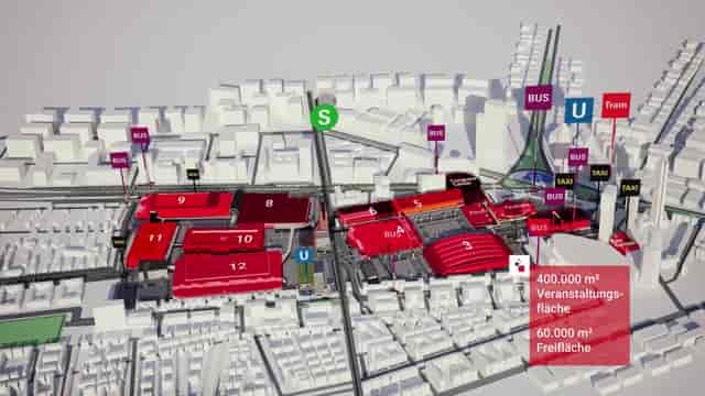 Halle 8 conference center venue map: 400,000m² exhibition space for international trade shows.
