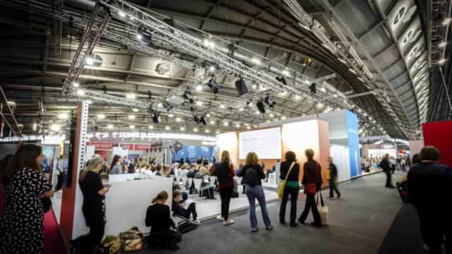 Frankfurter Buchmesse exhibition theater stage with overhead trussing for convention events.