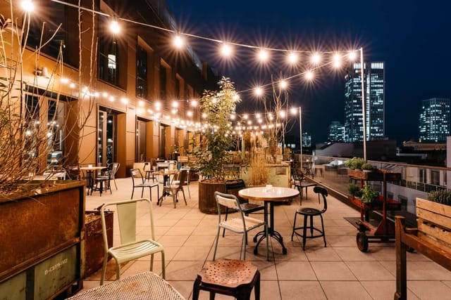 Nullsechsneun rooftop bar with industrial design for evening networking and corporate receptions.