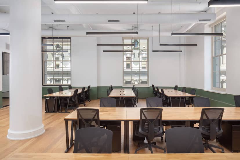 Mindspace Eurotheum meeting room with long tables for workshops and co-working events.