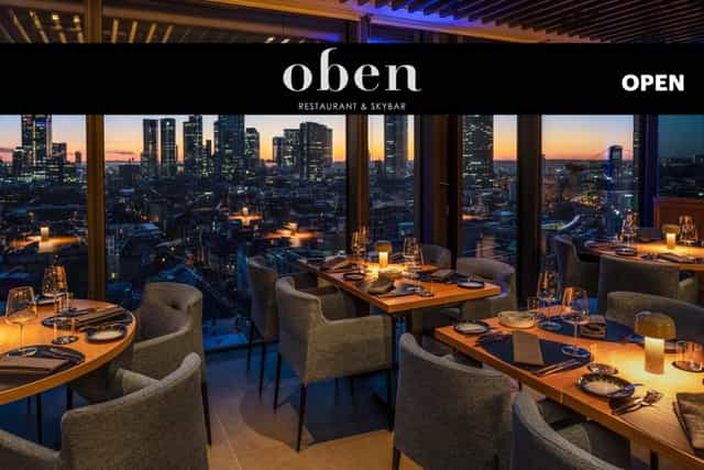 Luxury Meliá Frankfurt City restaurant with skyline view for VIP corporate dinner events.