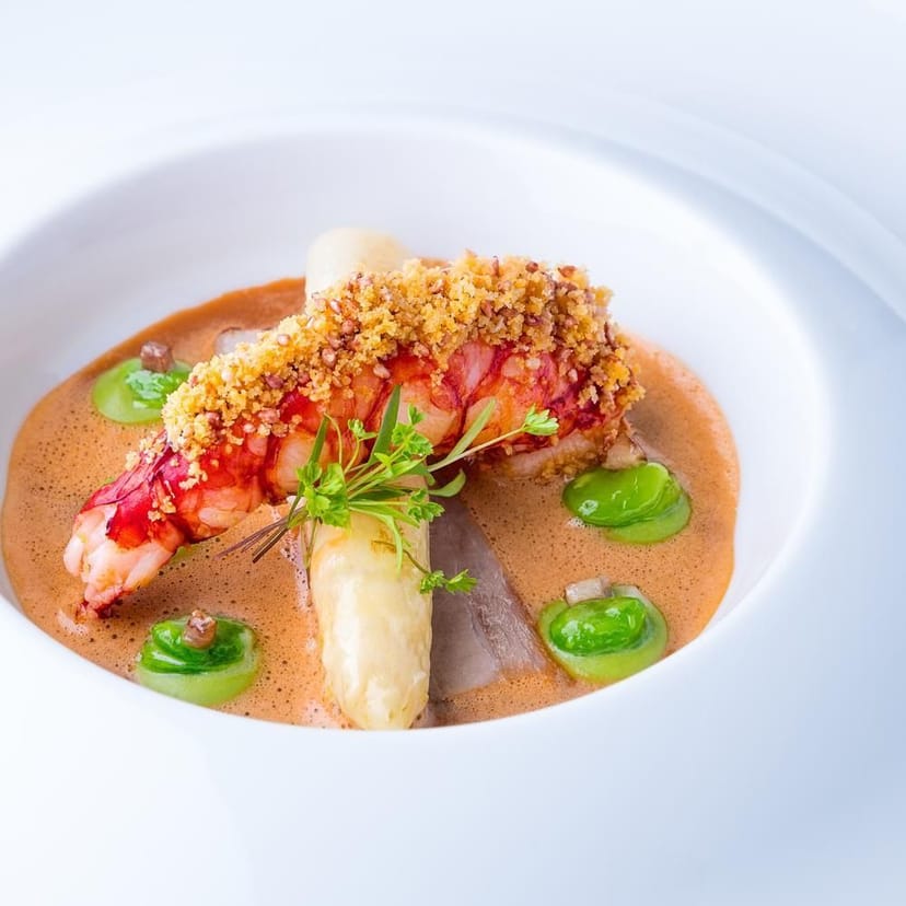 Elegant crustacean entrée at Restaurant Lafleur for upscale gala dinner plating.