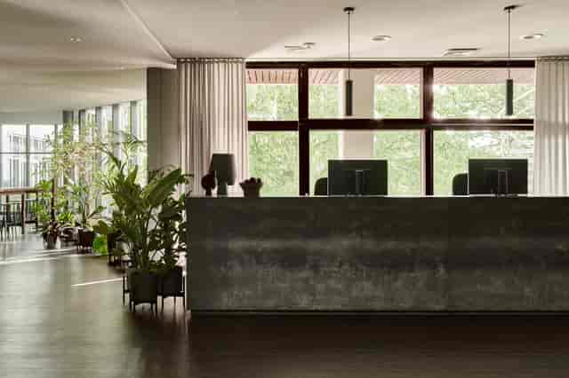 Boutique conference registration desk with biophilic design for professional event planning.