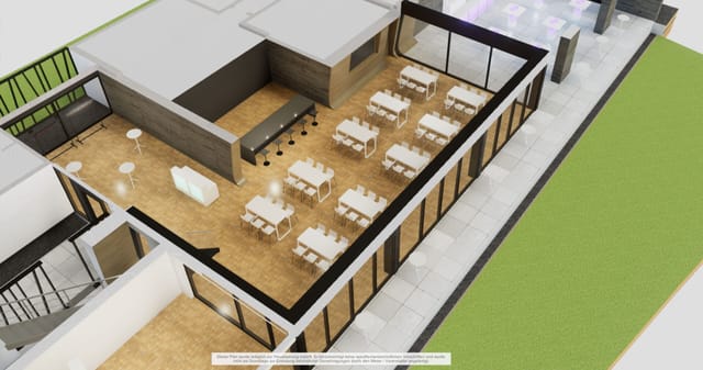 Classroom-style corporate workshop space at FRALounge with bar for events and business meetings.