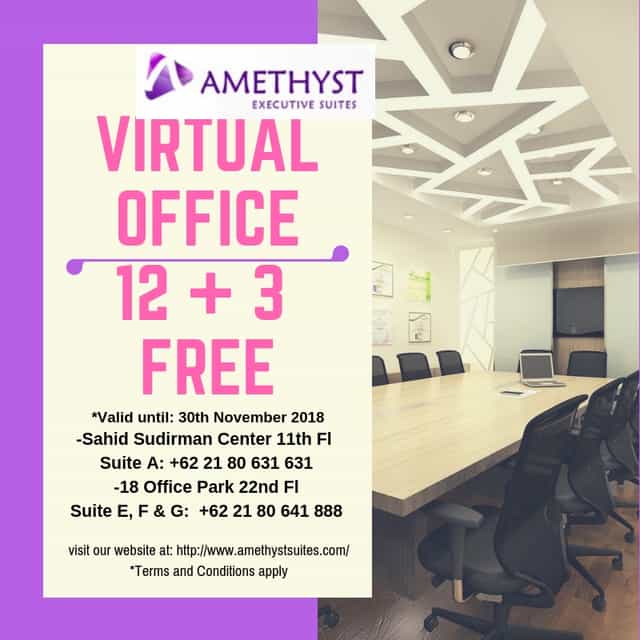 Virtual office rental flyer for Amethyst Executive Suites with 15-month boardroom booking deal.