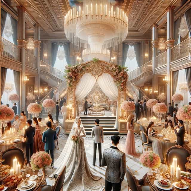 Luxury wedding ballroom at Juwel am Main with floral arch and grand staircase.