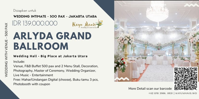 Palma One Grand Ballroom: Wedding venue for 500 guests with turnkey event packages in Jakarta.