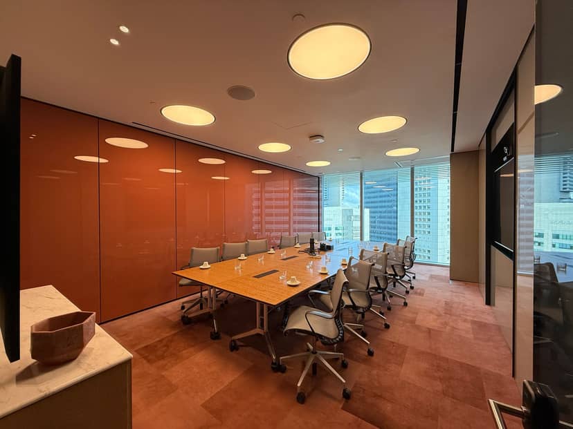 Boardroom meeting room 22A in Ocean Financial Centre with sleek glass walls for executive events.
