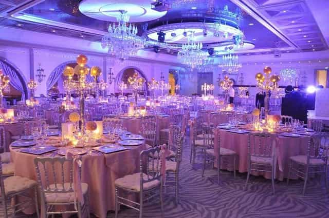 Kalamış Ballroom banquet setup with purple lighting for elegant wedding and corporate event.