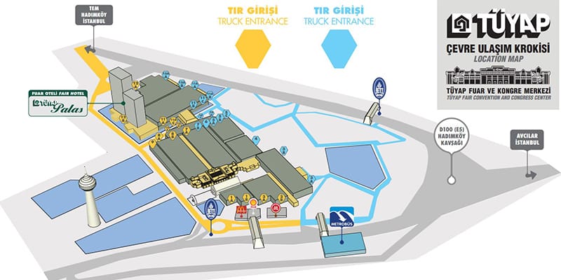 Tüyap Convention Center site map showing truck logistics and hotel access for trade fairs.