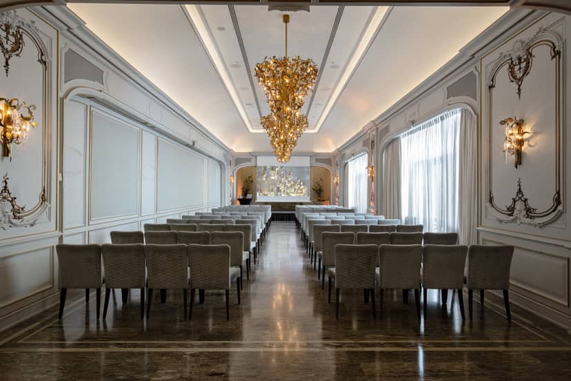 Elegant event venue, chandeliers, intimate ceremony, product launch