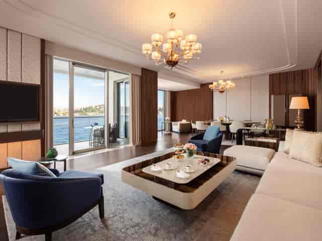 Mandarin Bosphorus Suite with private waterfront terrace for executive meetings and VIP events.