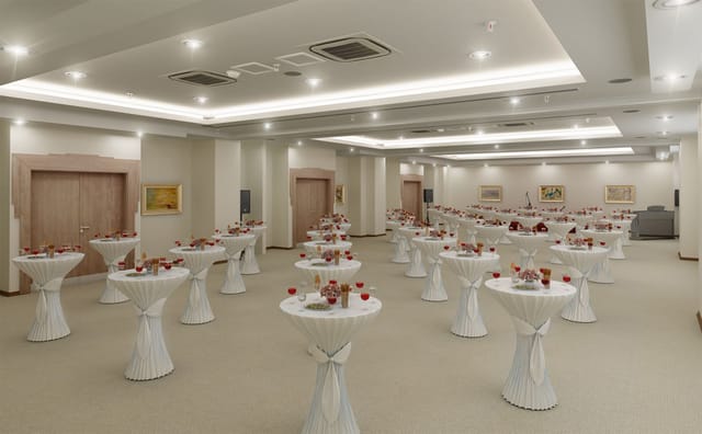 Tüyap Palas ballroom: high-capacity cocktail tables for corporate events and professional meetings.
