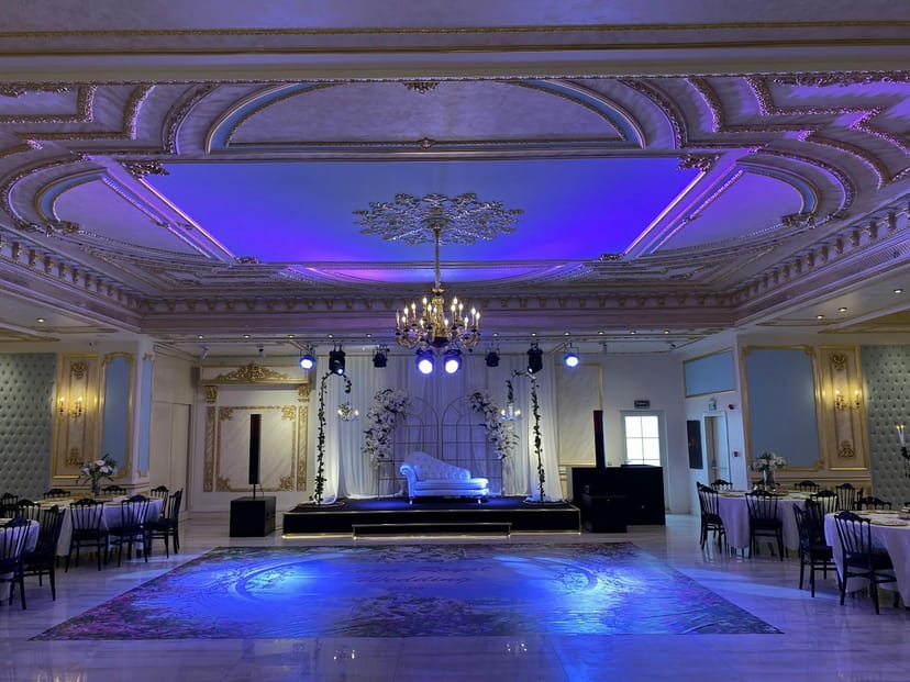 İnci Pearl Hall ballroom with blue lighting, perfect for elegant wedding and gala events.