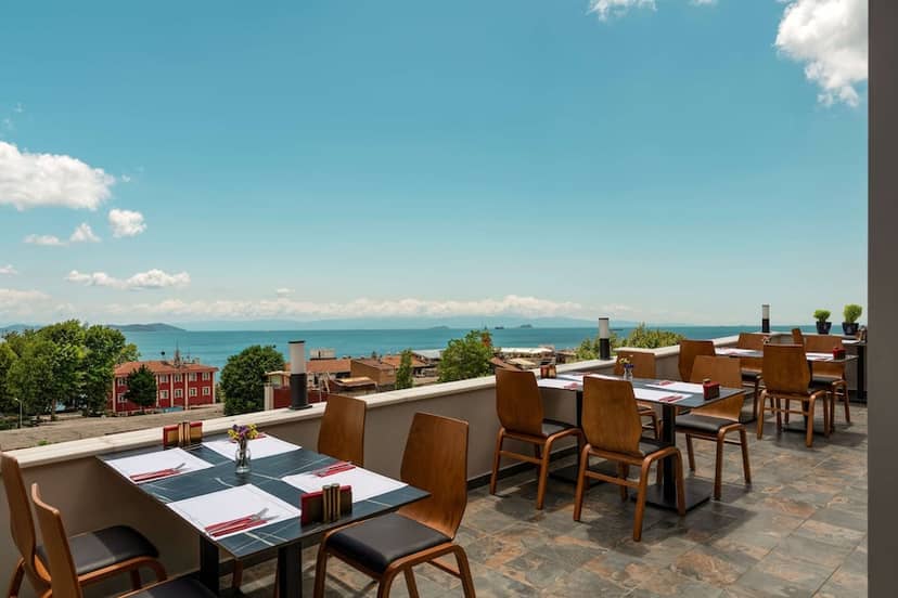 Royan Hotel Hagia Sophia open-air terrace with sea views for corporate events and mixers.