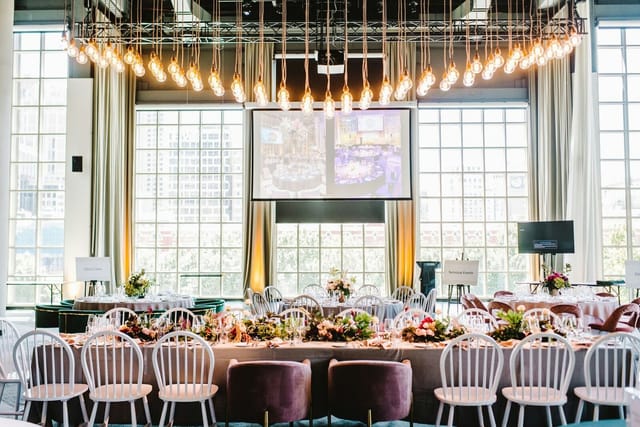 Metropolis Events function room with statement lighting for corporate events and gala dinners.