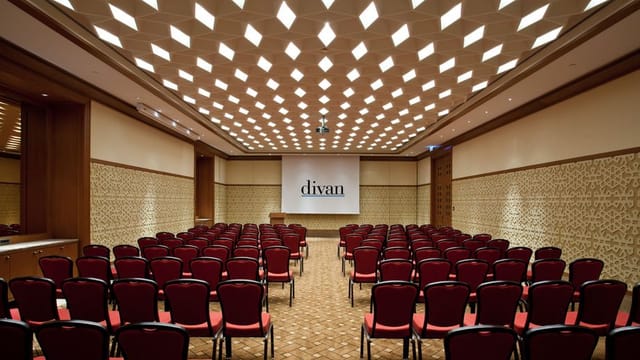 Theater-style Divan conference hall with striking ceiling for corporate events and workshops.