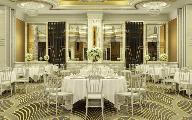 Art Deco ballroom for luxury corporate events and formal galas with elegant monochromatic decor.