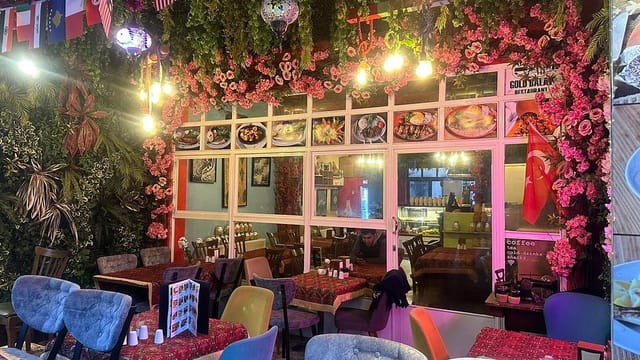 Floral-ceiling restaurant venue for intimate team dinners and private social events.