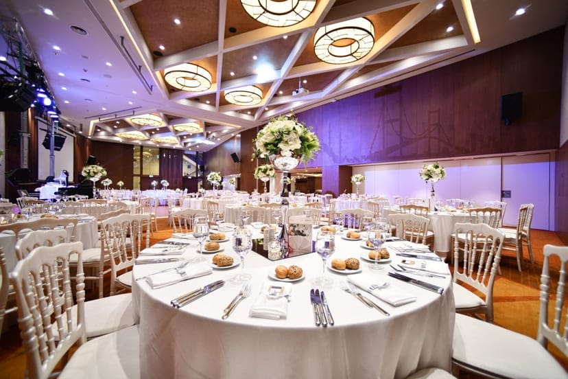 Golden Horn Ballroom with geometric ceiling for corporate galas and luxury wedding events.