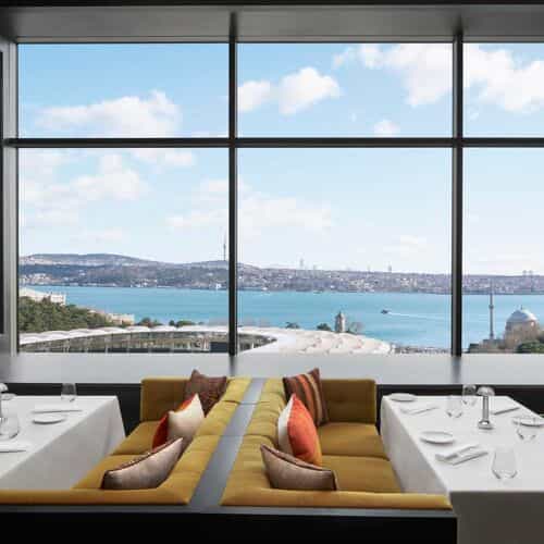 Nobu Istanbul terrace for luxury VIP networking and executive board meetings with Bosphorus view.