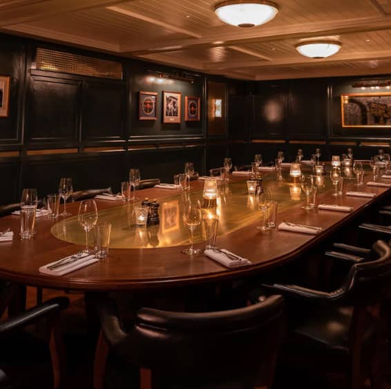 Hawksmoor Dublin private dining room with wood paneling for executive boardroom business dinners.