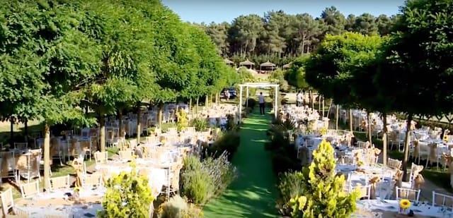 Outdoor banquet garden venue at Park Lotus with symmetrical seating for weddings and events.
