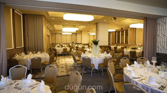 Tekfur Restaurant ballroom with elegant banquet settings for corporate events and weddings.