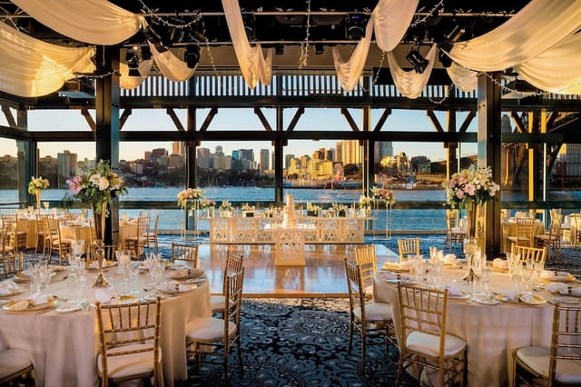 Pier One Sydney Harbour event space with ceiling drapery for luxury gala or wedding venue.