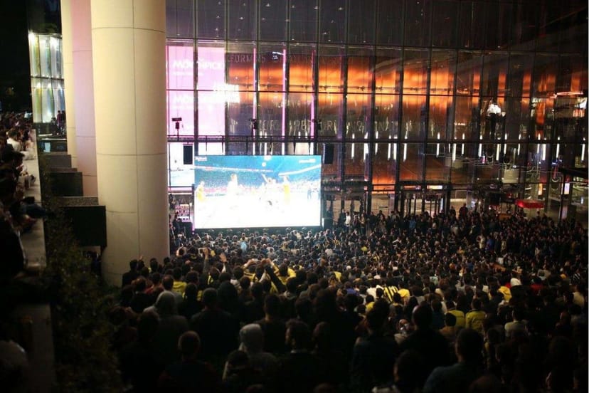 Vestel Amp theater watch party: immersive AV projection in public atrium venue.