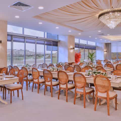 Gala Terrace banquet space with floor-to-ceiling windows for corporate lunches and social events.
